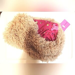 NWT Betsey Johnson Infinity Scarf Cowl Beige Faux Fur Pink Stars